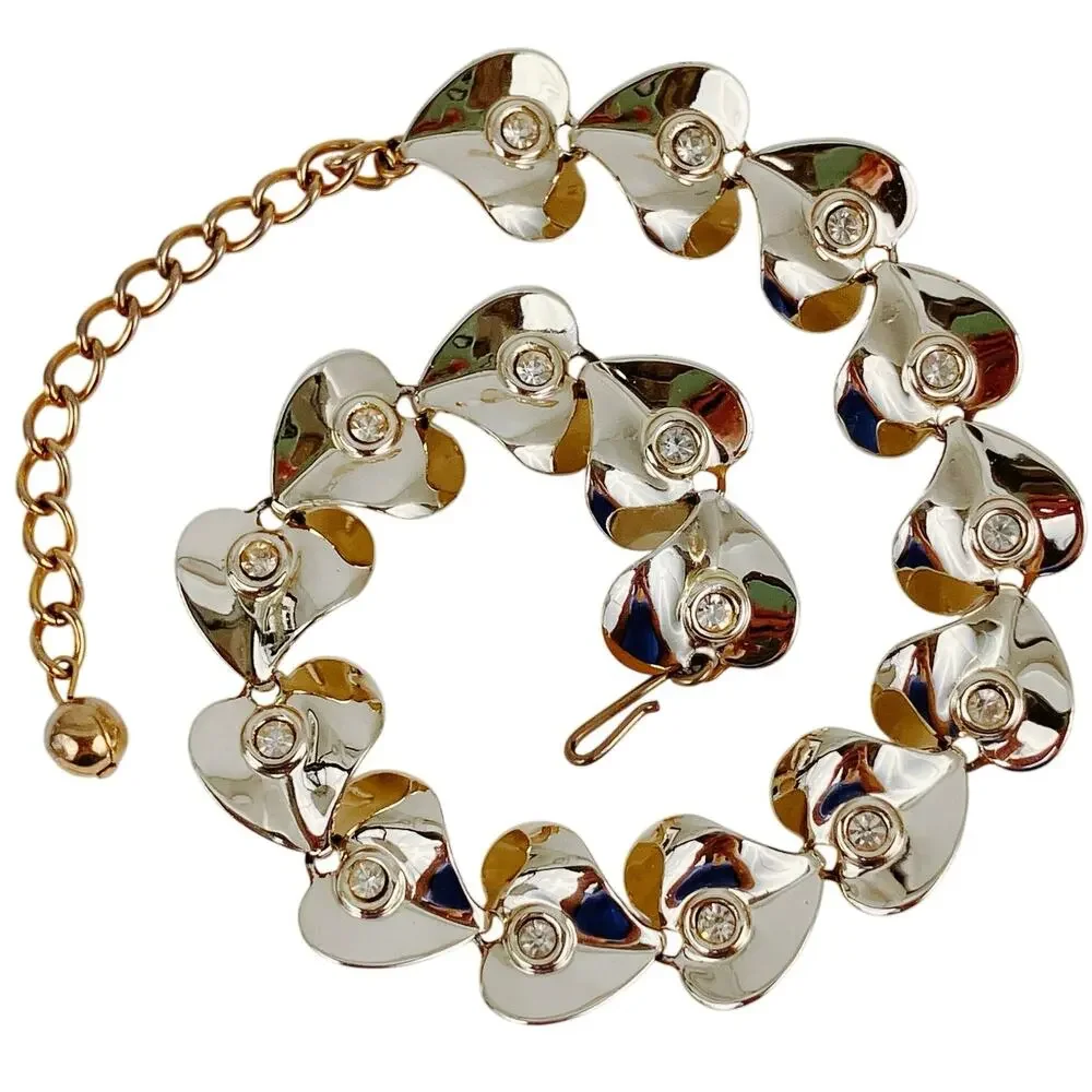 Vintage Mid Century Gold Tone Heart Rhinestone Choker Necklace 1950s